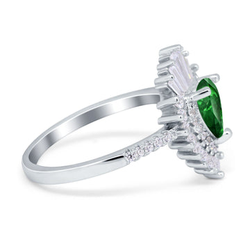 Art Deco Teardrop Pear Wedding Ring Simulated Green Emerald CZ 925 Sterling Silver